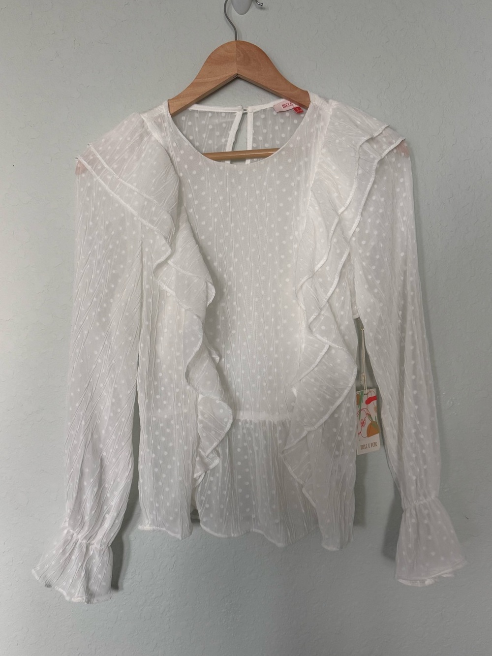NWT Mele E Pere Ruffled Swiss-Dot White Blouse with Long Sleeves